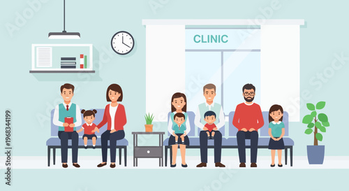 Diverse group of people waiting in a clinic reception area.