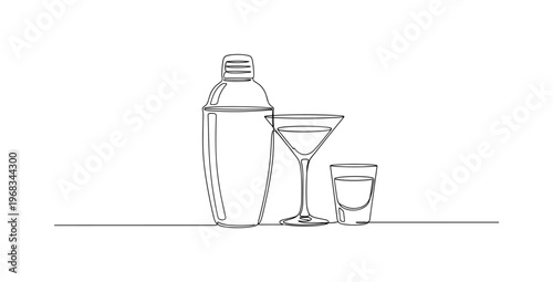 Spirits and Cocktails. Minimalistic one-line drawing cocktail shaker, martini glass, and shot glass, continuous single black line on white background, simple