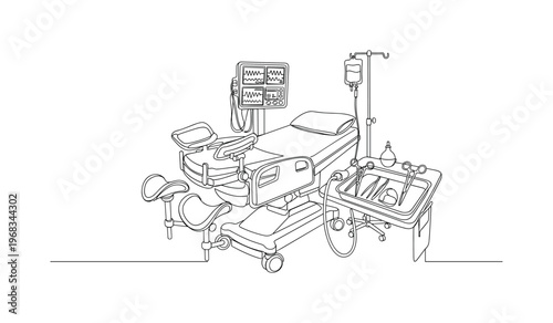 Childbirth Suite. Minimalistic one-line drawing hospital delivery bed with monitors and medical instruments, continuous single black line on white background,