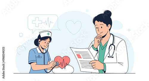 Doctor and nurse examining heart with stethoscope and reading medical report.