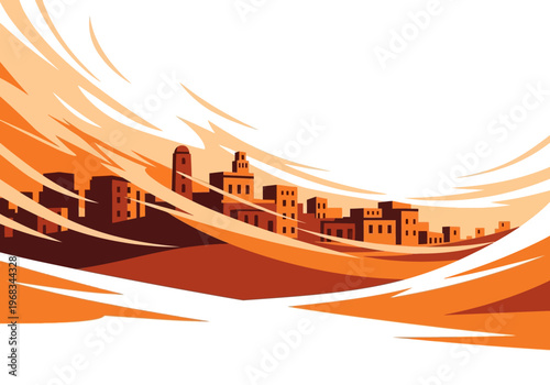 Vibrant abstract cityscape illustration with warm, flowing lines evoking a sense of movement and energy