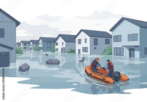 Rescue team navigates flooded neighborhood in inflatable boat, providing aid during a natural disaster