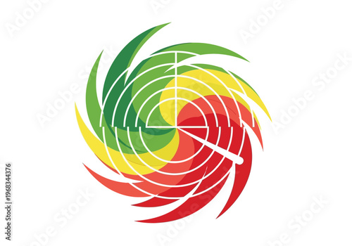 Weather forecast symbol showing a hurricane with a dial indicating the intensity of the storm on a white background