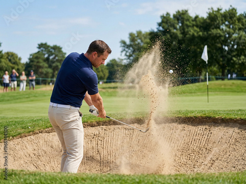 Professional golfer hitting a ball out of a sand bunker on a sunny day.
