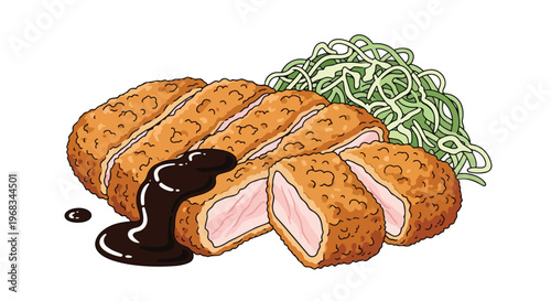 Crispy Fried Pork Cutlet with Savory Sauce and Shredded Cabbage Illustration