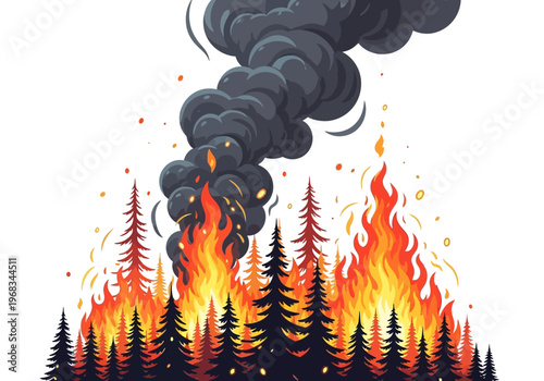 Forest fire raging with thick black smoke billowing into the sky, surrounded by flames and pine trees
