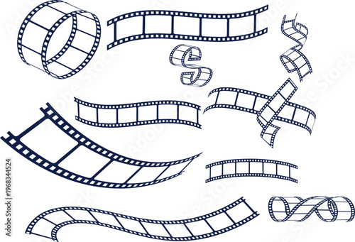 Film strip vector set with curved and rolled shapes, cinematic reel elements collection for movie production, video editing, media design and creative storytelling concepts