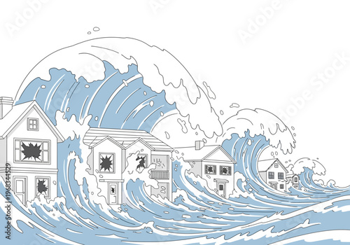 Massive tsunami wave engulfing houses, illustrating natural disaster and its devastating impact on residential areas