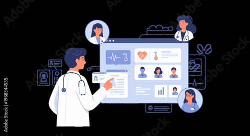 Doctor interacting with digital healthcare interface showing patient data 1.