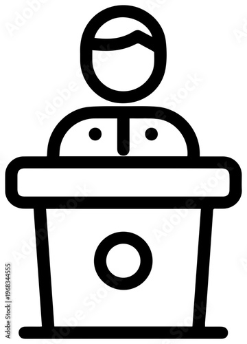 Minimalist line art icon symbolizing a public speaker or presenter standing behind a modern podium conveying concepts of communication speech and leadership in a clean