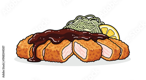 Savory Breaded Pork Cutlet Drizzled with Rich Dark Sauce Accompanied by Shredded Cabbage and Lemon Slice