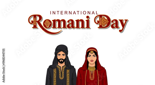 Illustration of a Romani couple celebrating International Romani Day with traditional attire and cultural symbols on a white background.