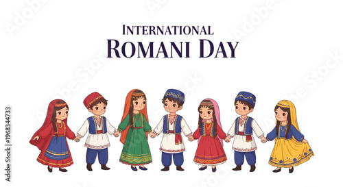 Illustration of children in traditional Romani clothing celebrating International Romani Day with colorful dresses and headscarves, conveying cultural diversity and heritage awareness on a