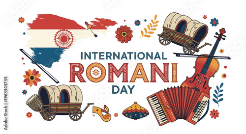 Illustration celebrating International Romani Day with colorful graphics of a violin, accordion, and traditional Romani wagons on a white background with vibrant flowers and leaves.