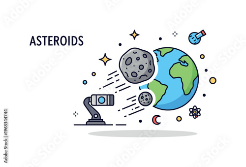 Asteroids near-Earth asteroid concept where a large rocky body passes close to a planet while small sparkle and line icons emphasize space awareness,