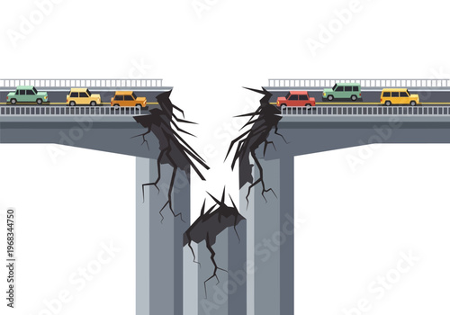 Illustration of a damaged bridge with traffic on either side, symbolizing failure and disaster