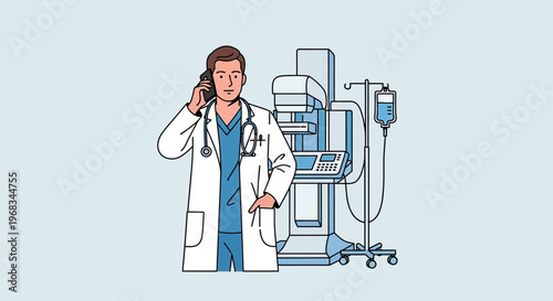 Doctor talking on phone near medical equipment illustration.
