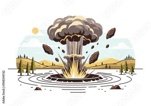 Explosive Event Captured in a Dramatic Illustration with Debris Flying