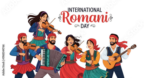 Illustration of a joyful Romani community celebrating International Romani Day with traditional music and dance, featuring colorful attire and lively instrumentation.