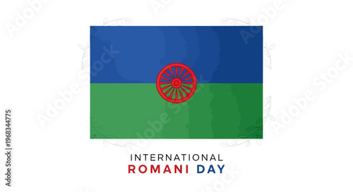 Vector illustration of the Romani flag with text 'International Romani Day' on a white background, symbolizing Roma culture celebration and heritage awareness.