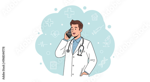 Doctor Talking on Phone with Stethoscope Around Neck.