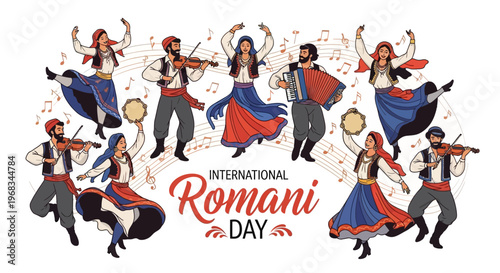 Vibrant illustration of people dancing and celebrating International Romani Day with traditional attire and music, conveying cultural pride and diversity.