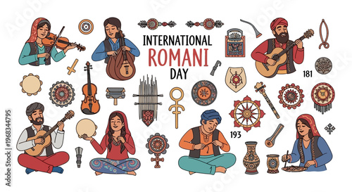 Illustration of Romani people celebrating International Romani Day with traditional music and dance elements, showcasing cultural diversity and heritage awareness on a white background.