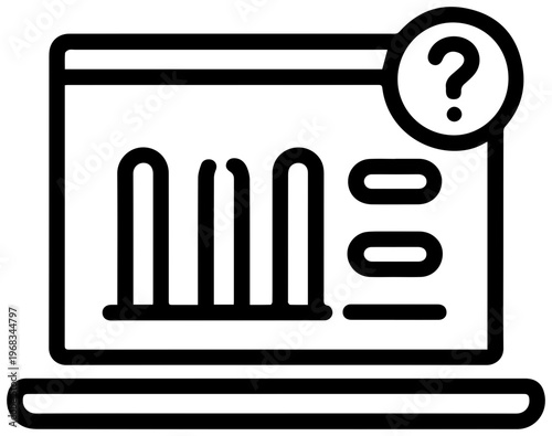 Minimalist vector icon illustrating a live polling question displayed on a laptop screen with a question mark symbol representing online surveys and audience engagement