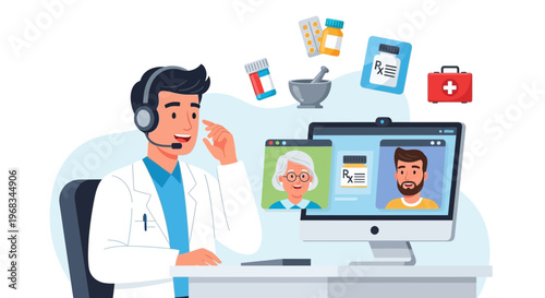 Doctor wearing headset consulting patients online via video call.