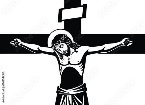 Jesus Christ crucifixion silhouette on cross with crown of thorns, Christian religious symbol representing sacrifice, faith, salvation and Easter spiritual concept design