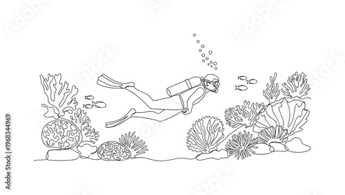 Marine Exploration. Minimalistic one-line drawing scuba diver swimming past coral formations, continuous single black line on white background, simple outline