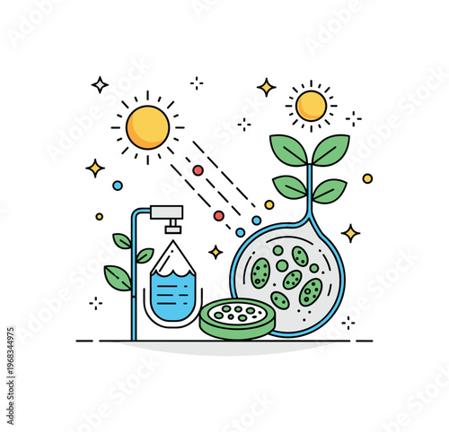 Biology photosynthesis process scene where sunlight, water, and chloroplasts are illustrated while tiny sparkle and sun icons highlight plant biology, energy