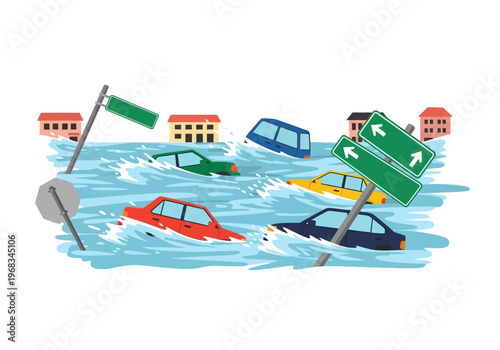 Flooded streets with cars submerged in water, indicating disaster and warning signs