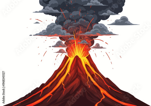 Illustration of a Volcano Erupting with Lava Flowing Down its Sides Amidst Ash Clouds and Smoke