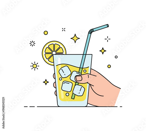 Drinking cold lemonade summer party scene where glasses of lemonade sit on a table surrounded by fruits while small sparkle and leaf icons emphasize