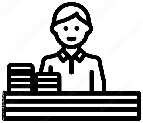 Simple line icon of a smiling person standing behind a welcome desk with stacked papers or brochures representing reception information services or customer support in a clean