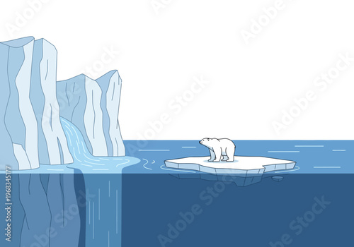 Polar bear stranded on a small ice floe in the ocean with melting icebergs in the background