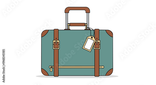 Stylized vintage teal suitcase with brown leather accents and a blank luggage tag attached, ready for travel