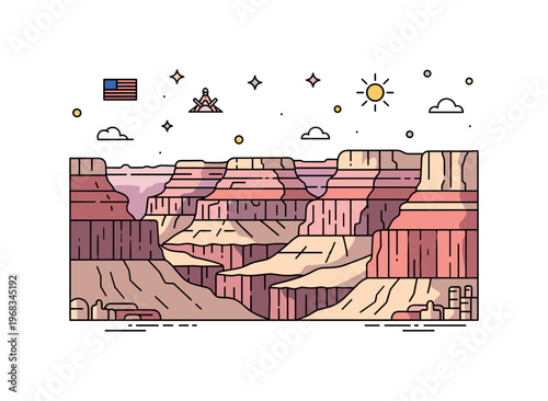 America Grand Canyon landscape scene where deep cliffs and vibrant canyon layers are shown while small sparkle and sun icons emphasize natural