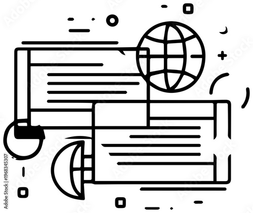 Digital interface displaying real time language translation with global communication icons and abstract network elements symbolizing international connectivity and technological