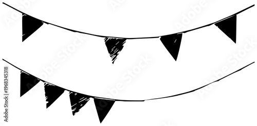 Festive black pennant flag bunting string decorations with a hand drawn sketchy grunge aesthetic symbolizing celebration parties and events isolated on a clean white background