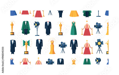 celebrity fashion seamless pattern, repeating pattern, surface design, textile print, modern illustration of gowns, tuxedos, red carpet, cameras, spotlights,