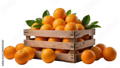 Fotografía Rustic wooden crate overflowing with vibrant juicy oranges and lush green leaves