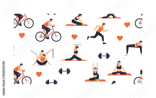 fitness lifestyle seamless pattern, repeating pattern, surface design, textile print, modern illustration of cycling, running, stretching, yoga poses, weights