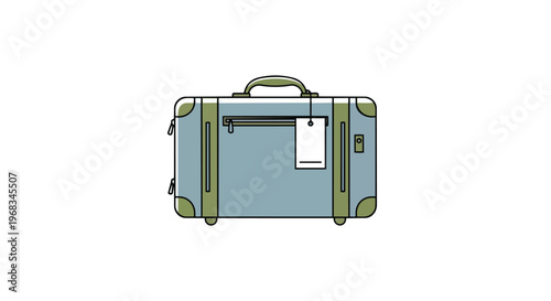 Chic minimalistic illustration of a pale blue travel suitcase with olive green accents and a blank tag