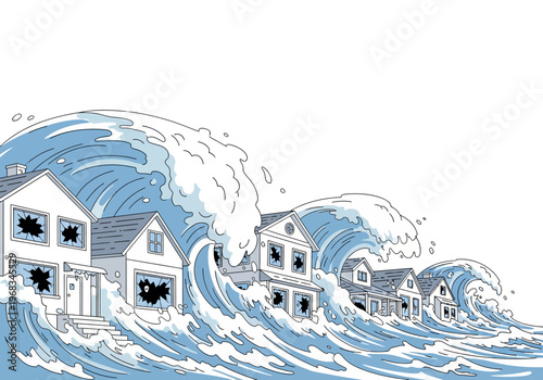 A colossal wave crashes over a residential neighborhood, causing destruction and chaos as homes are submerged