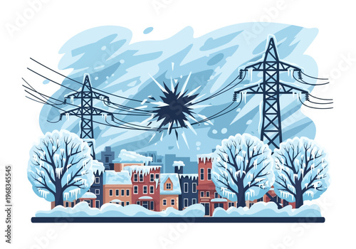 Winter storm causes power outage with electrical surge and snow-covered town