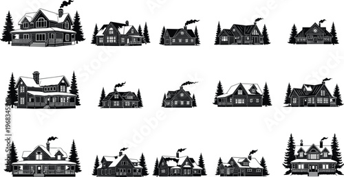Rustic cabin house silhouettes set with forest trees and winter cottages, architectural building collection isolated for real estate, nature landscape and countryside design projects