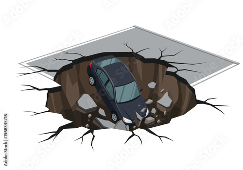 Car partially sinking into a large crack in the road, representing a collapse or sinkhole hazard