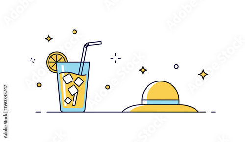 Drinking cold lemonade poolside scene where a chilled glass sits on a table beside a sun hat while small sparkle and star icons emphasize relaxation, summer